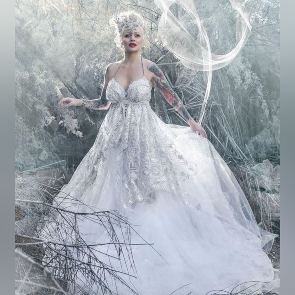SAMPLE GOWN - "KERIANN" White Organza Lace Sequin Wedding Ballgown Set